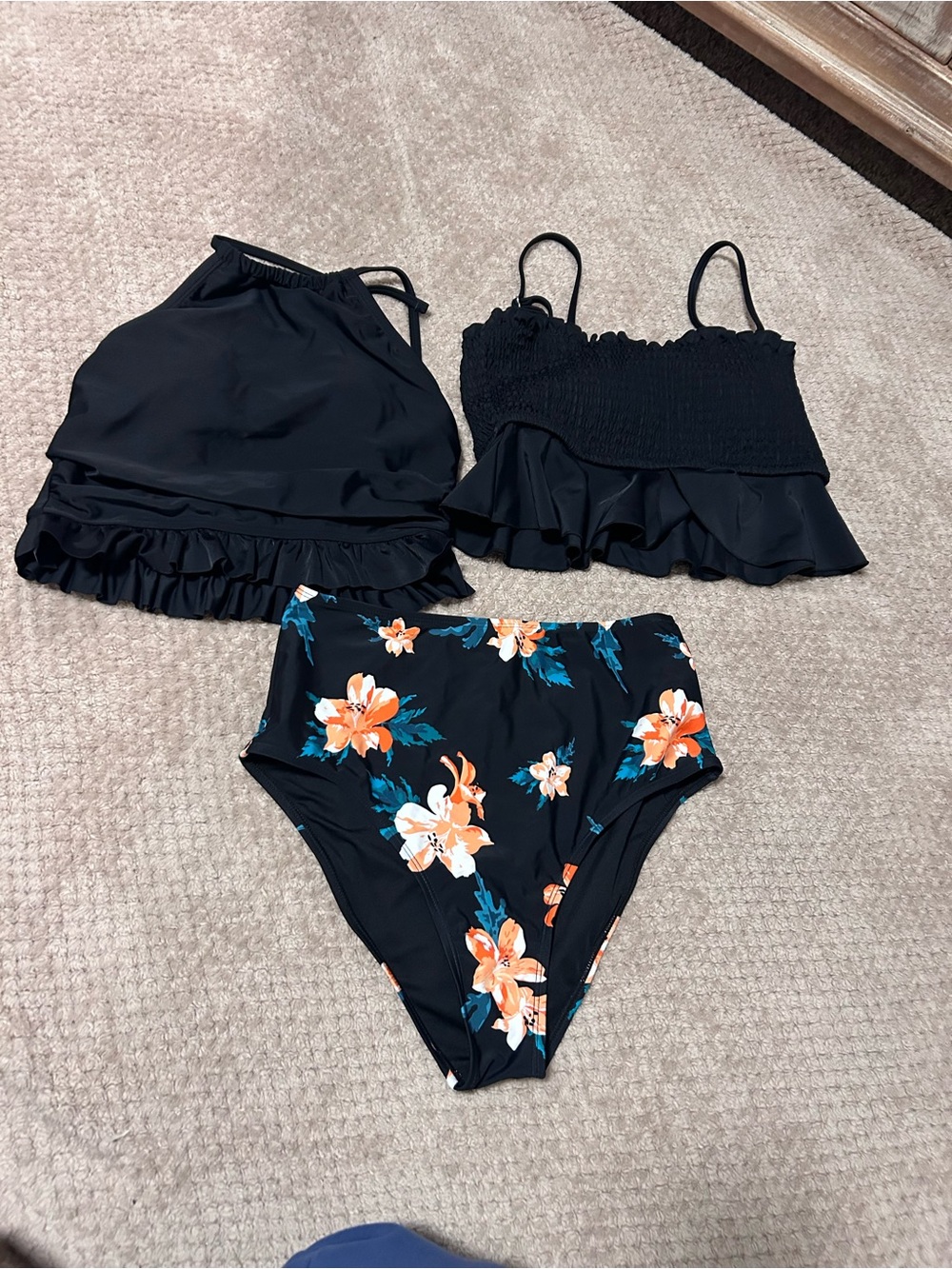 CUPSHE Black Floral High-Waist Bikini Set with Ruffled Tops